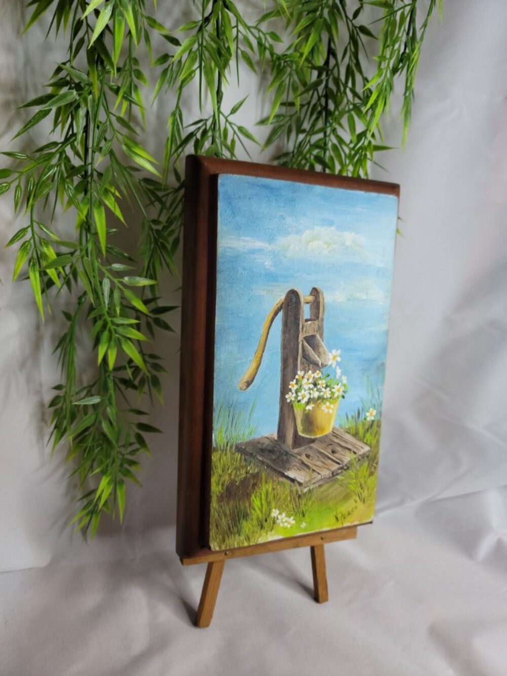 Vintage Hand Painted Handmade Springtime Daisy Flowers Painting with Stand - Picture 8 of 11
